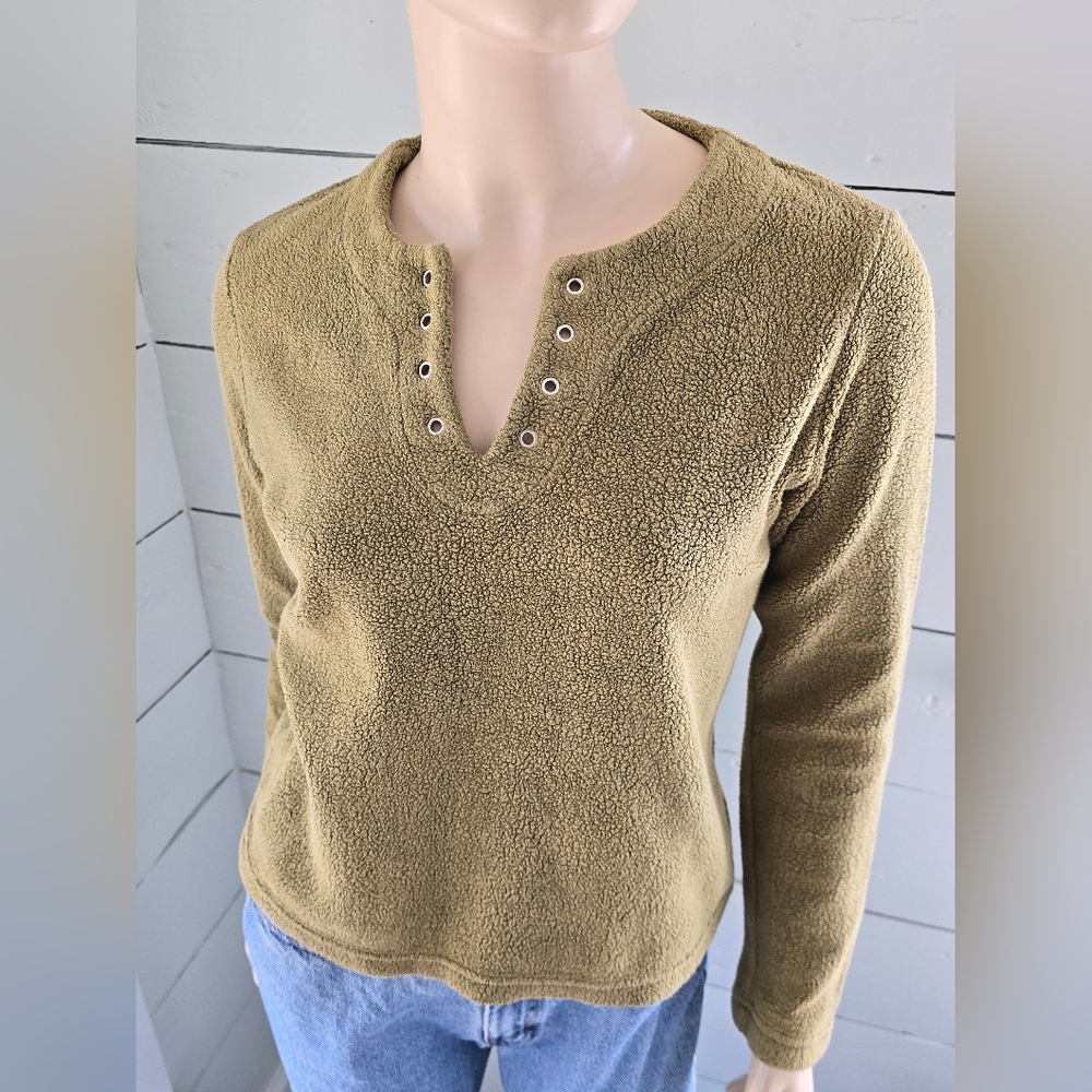 Vintage 90's  Hi-Time Olive Green  Fuzzy Knit Pullover Sweater Grommet Detail